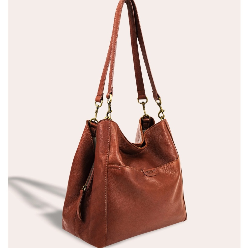 American Leather Co. Austin 100% Leather Brown Hobo Bucket Bag Brandy